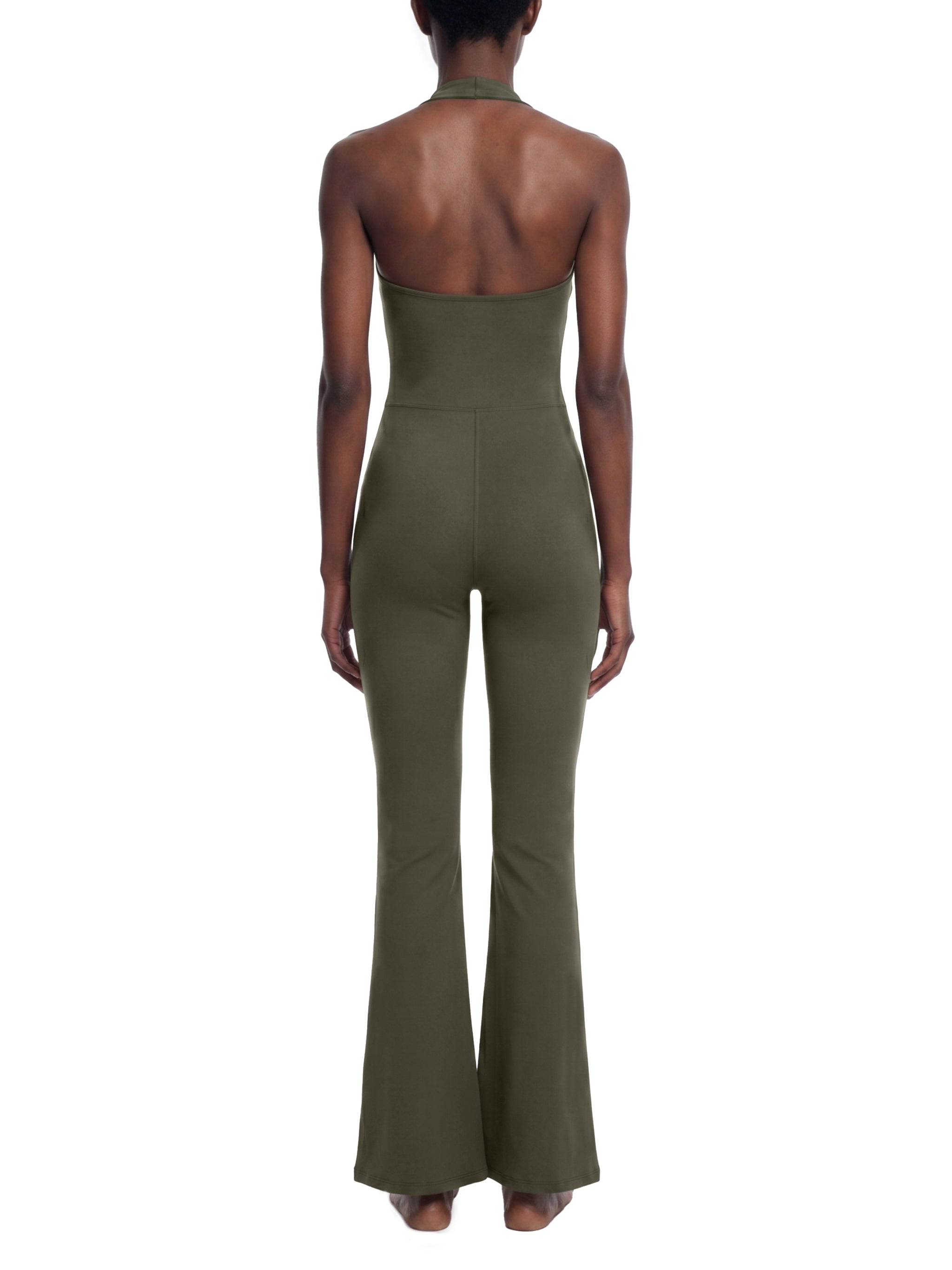 BLANKZ Halter Flared Jumpsuit — Army Green — open-back view