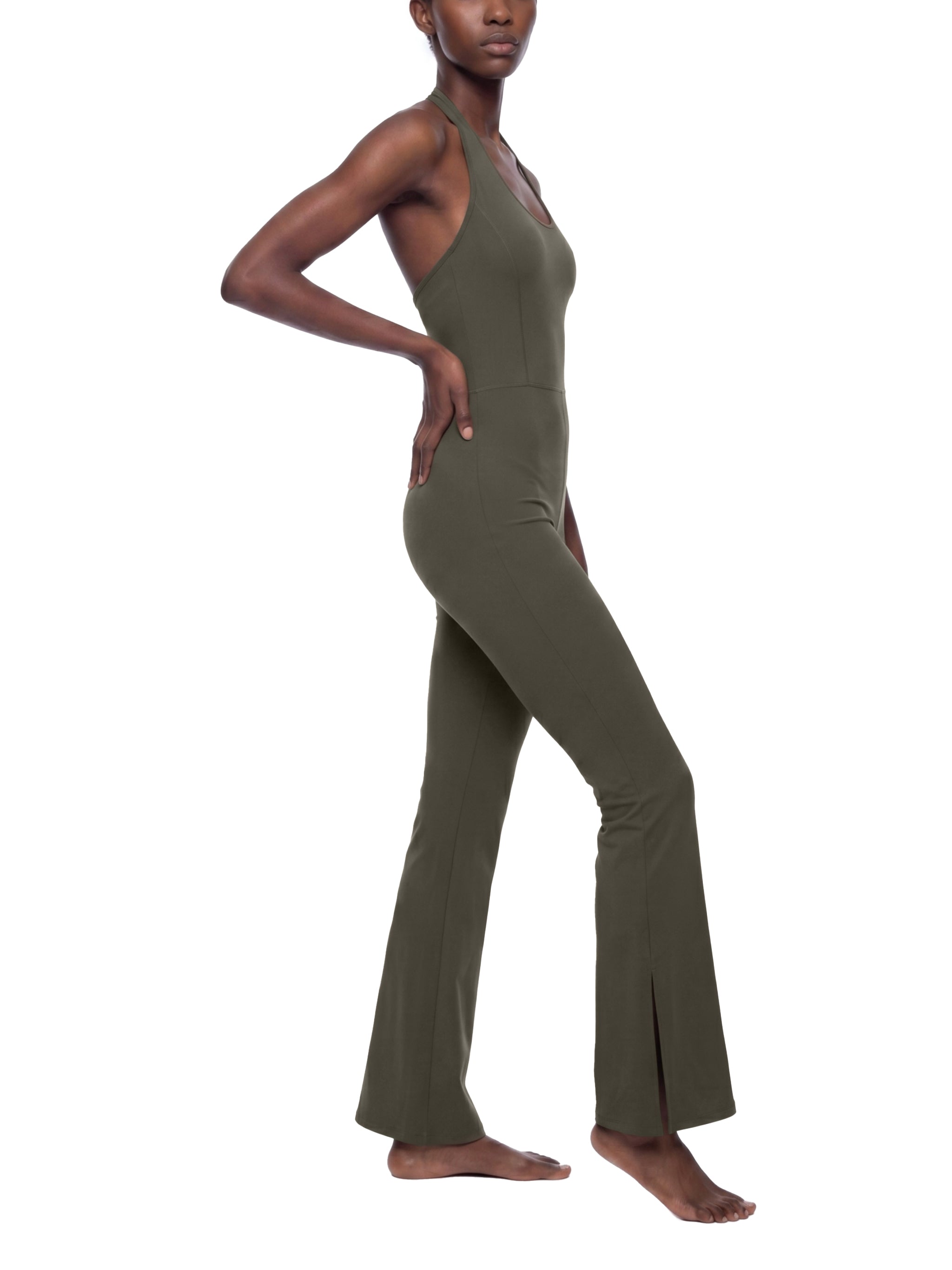 BLANKZ Halter Flared Jumpsuit — Army Green — angled front view