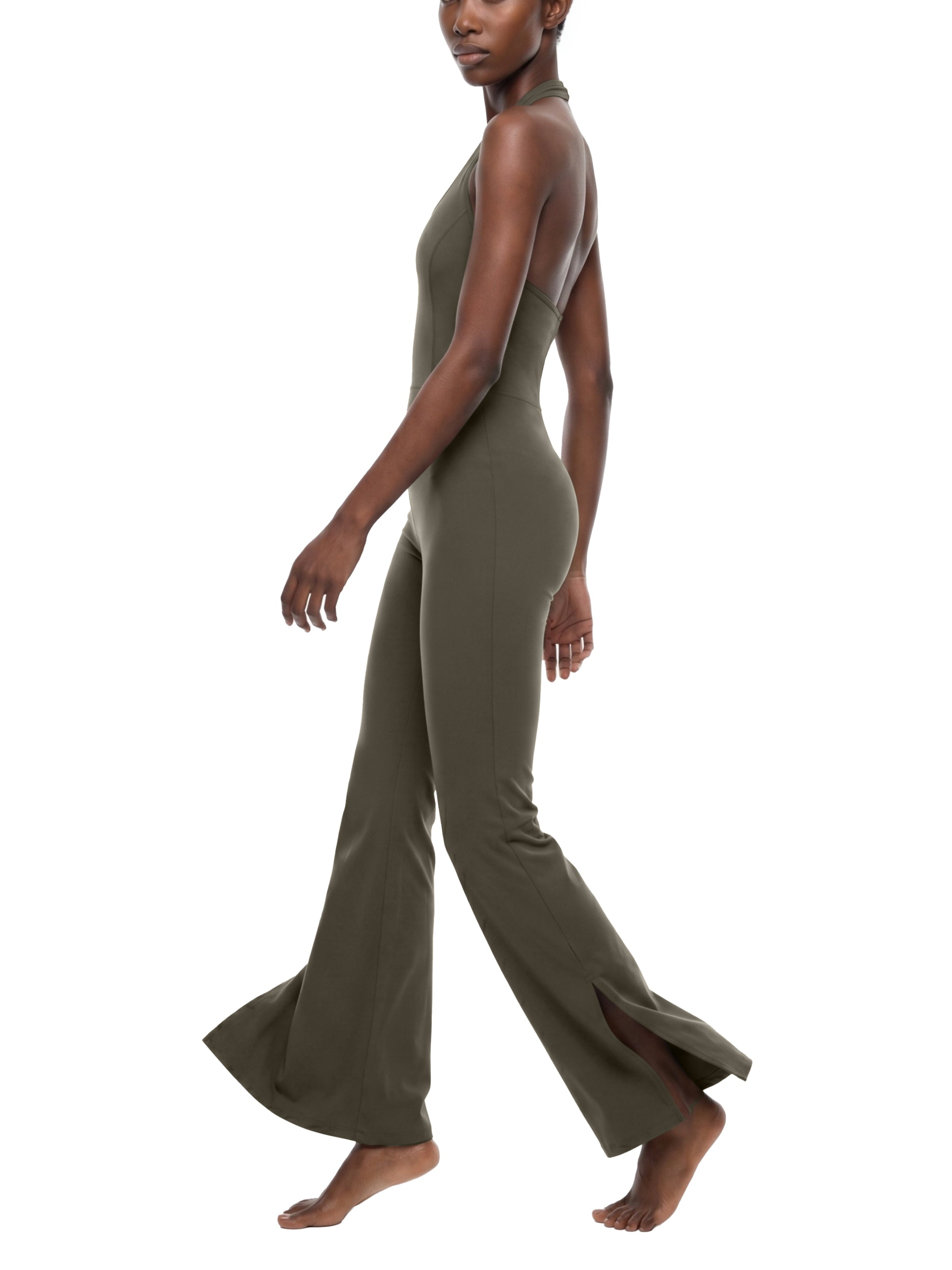 BLANKZ Halter Flared Jumpsuit — Army Green — walking side view