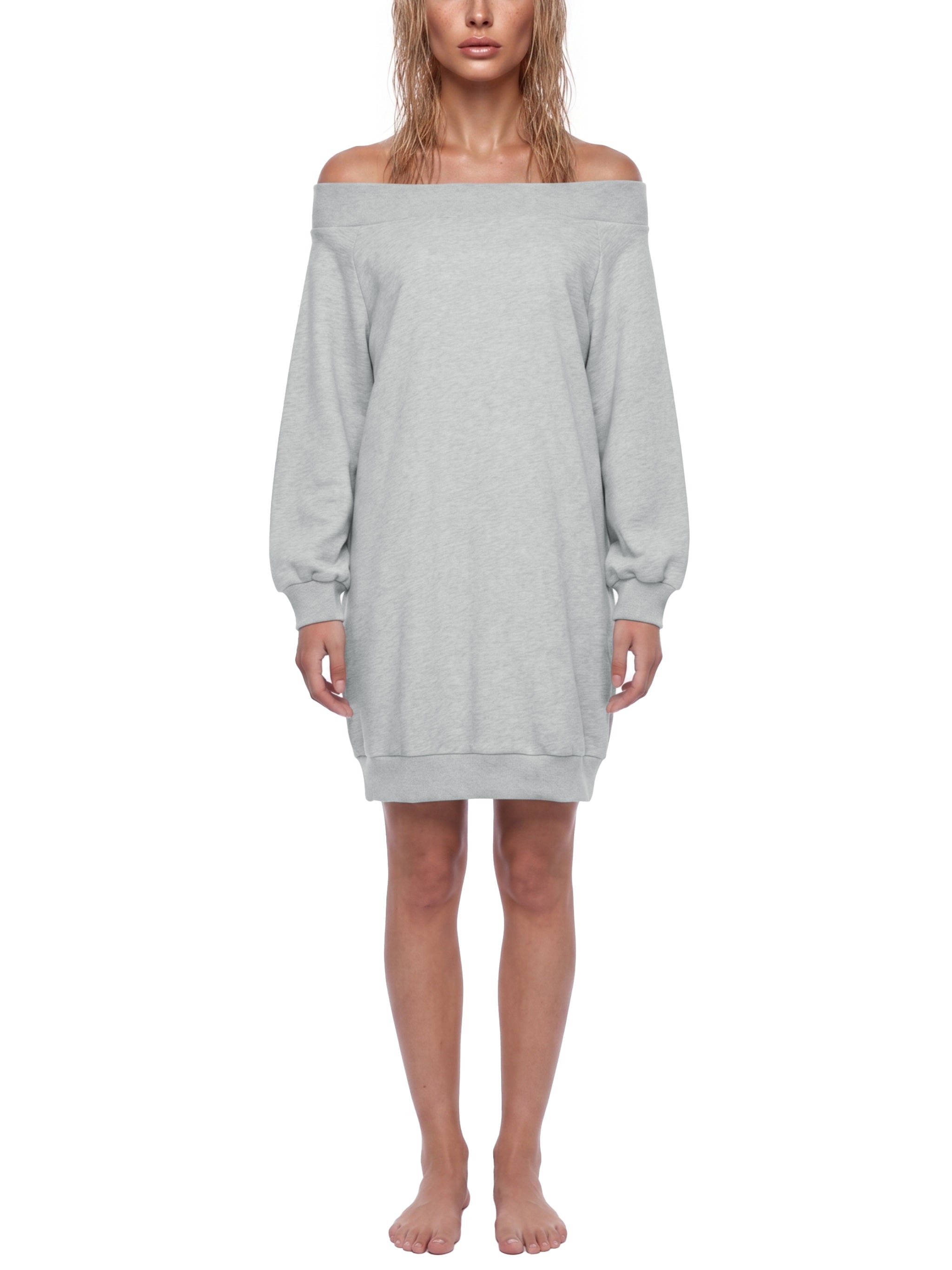 BLANKZ Off-the-Shoulder Dress — Flower Gray — worn front view