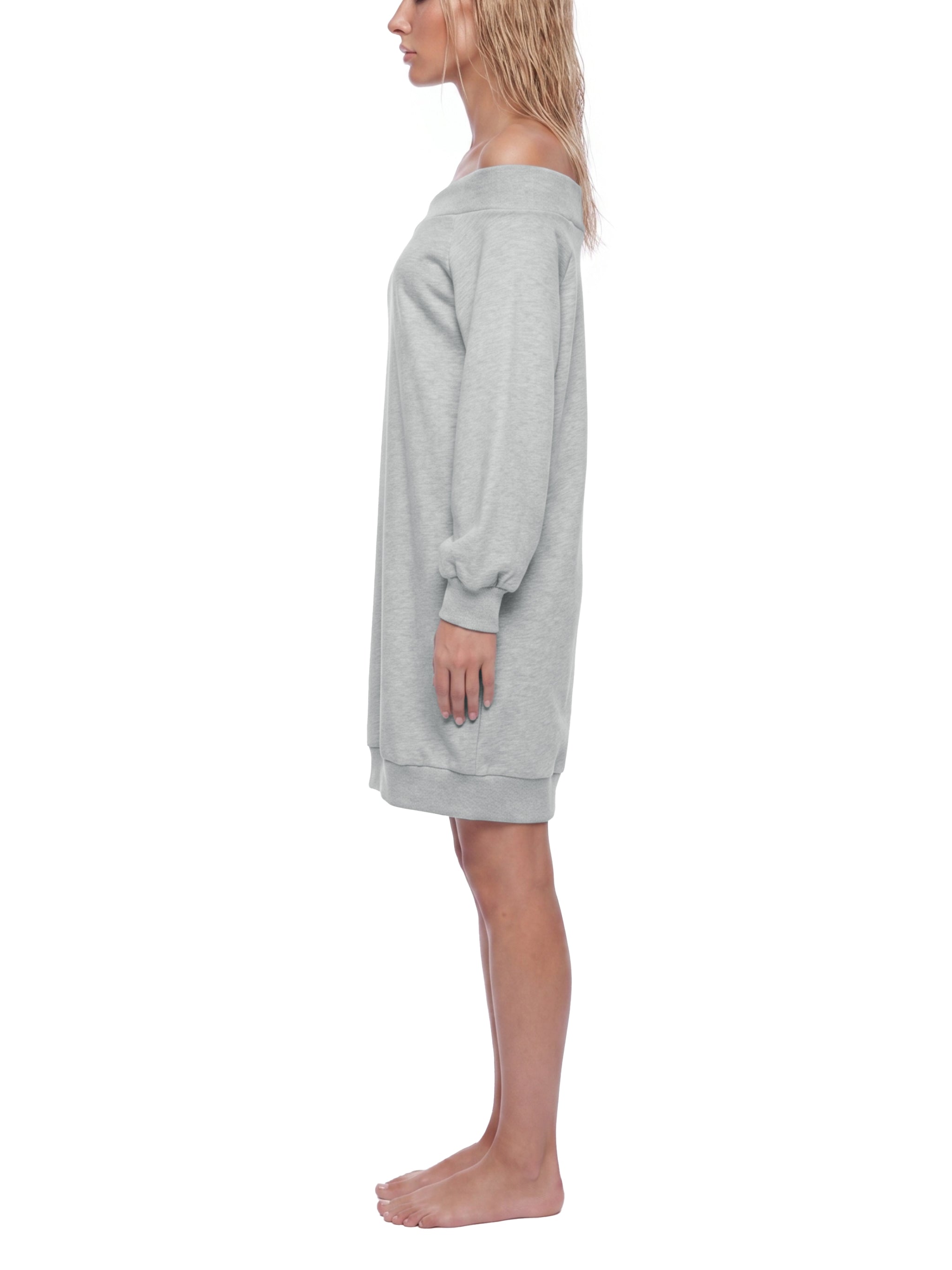 BLANKZ Off-the-Shoulder Dress — Flower Gray — worn side view