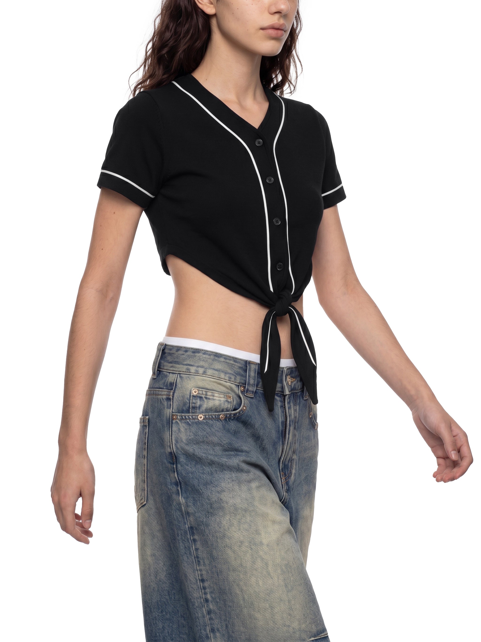 BLANKZ Piping Baseball Jersey — Black, angled front on model
