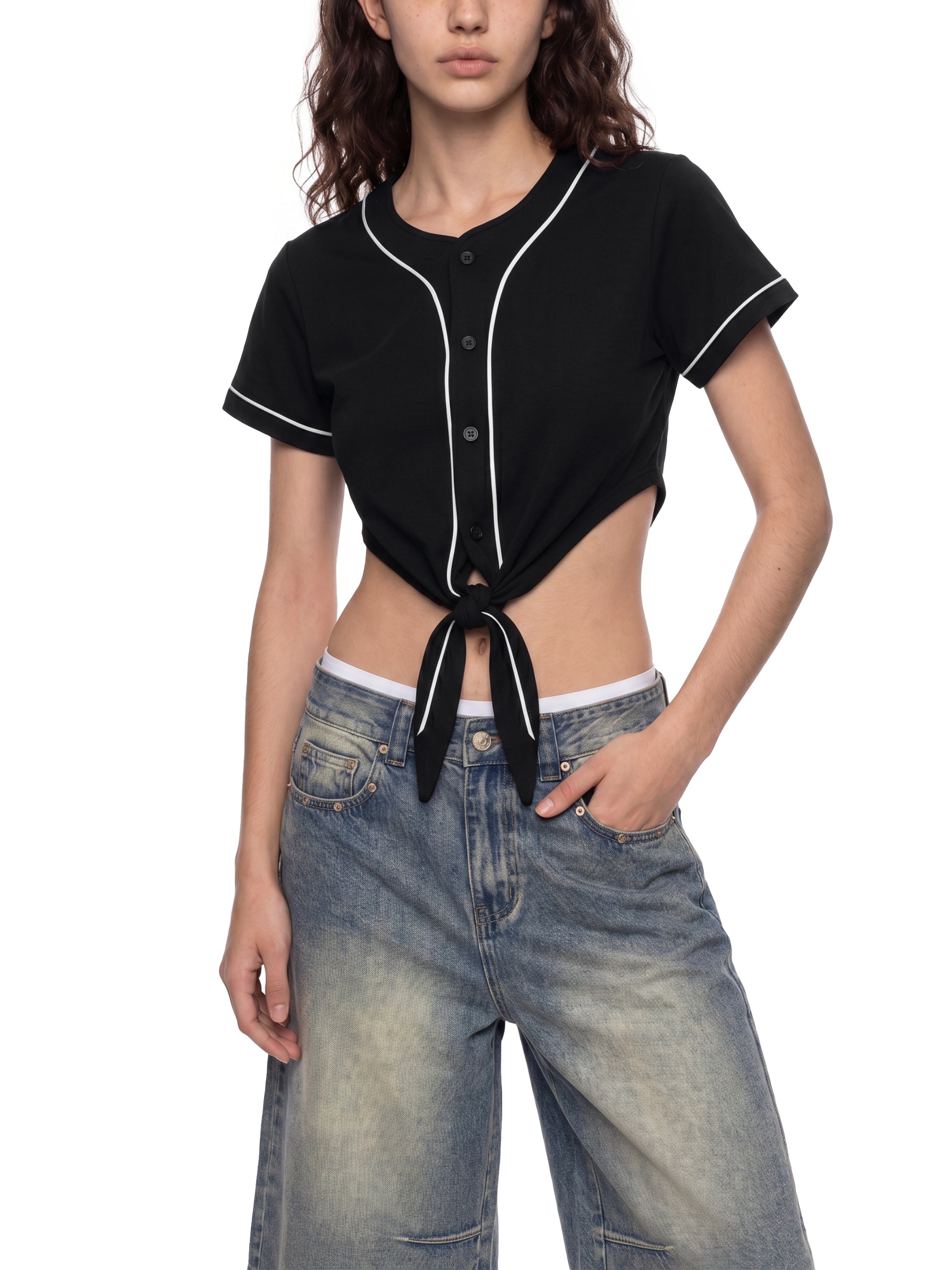 BLANKZ Piping Baseball Jersey — Black, alternate front on model