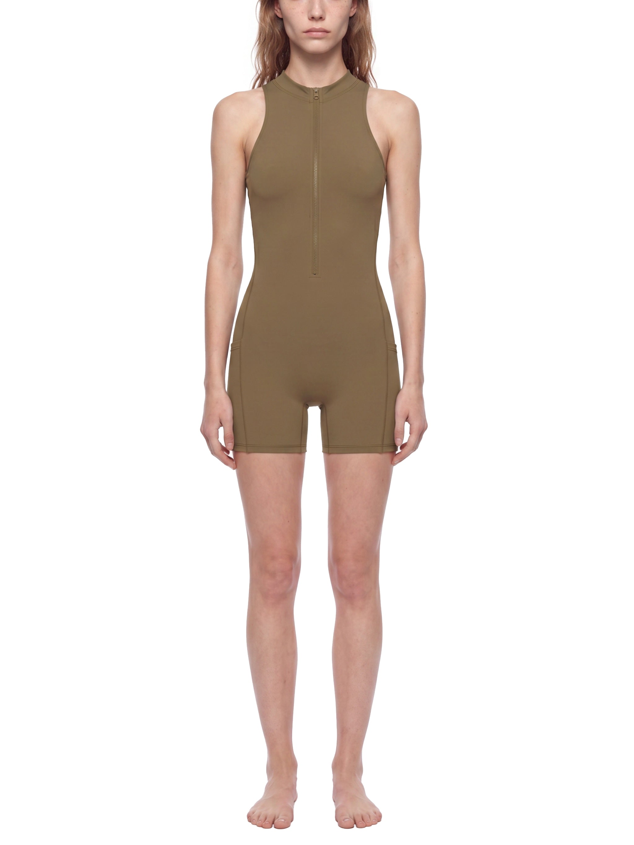 BLANKZ Quarter-Zip Yoga Romper — Coffee — worn front view