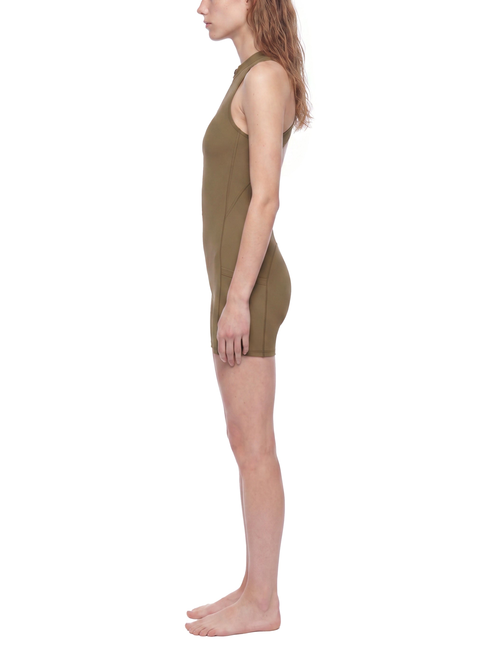 BLANKZ Quarter-Zip Yoga Romper — Coffee — worn side view