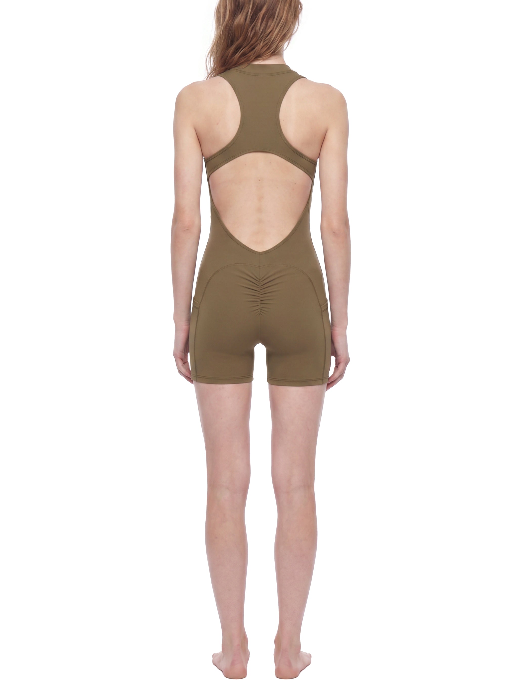 BLANKZ Quarter-Zip Yoga Romper — Coffee — open-back view