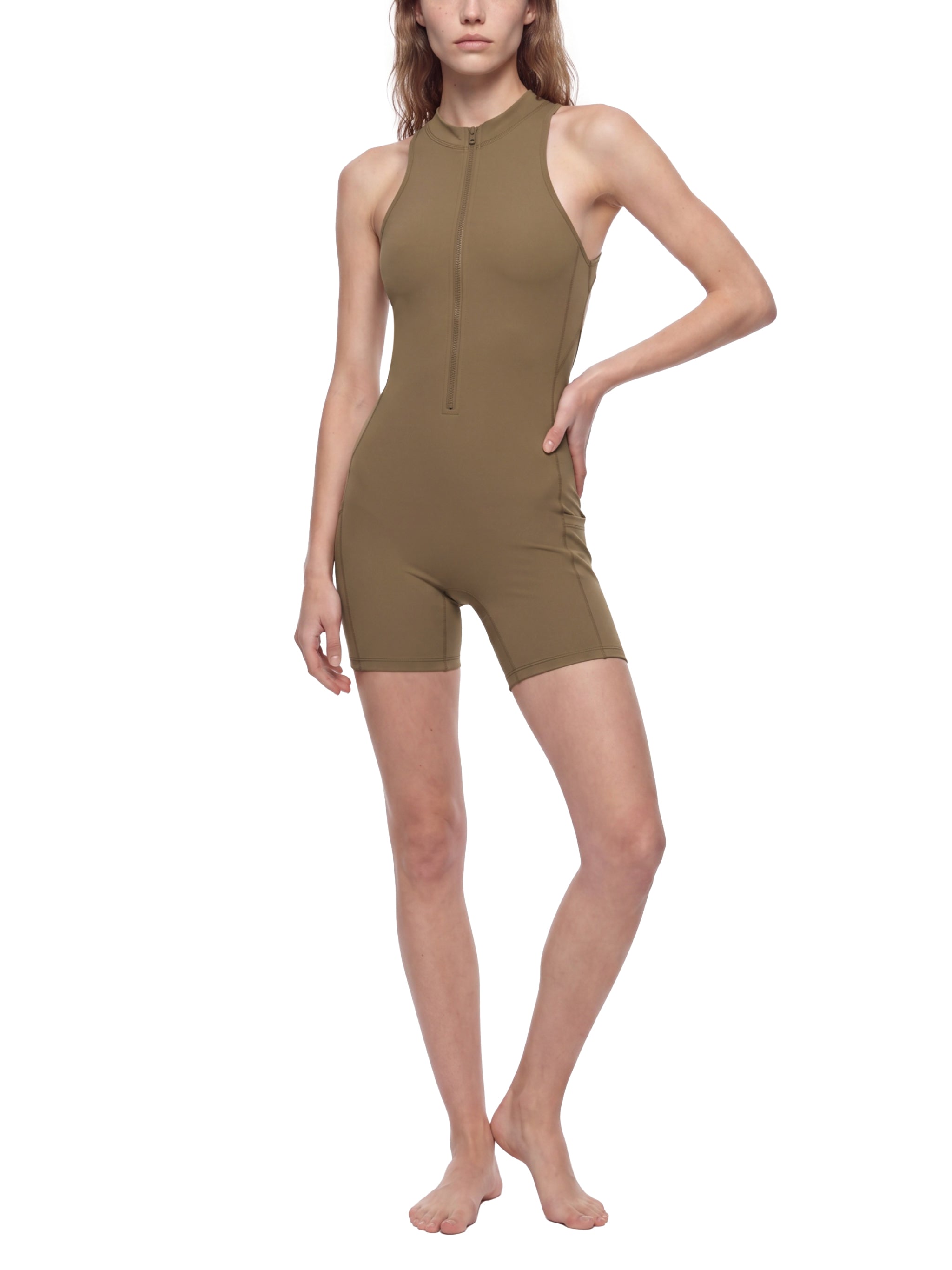 BLANKZ Quarter-Zip Yoga Romper — Coffee — angled front view
