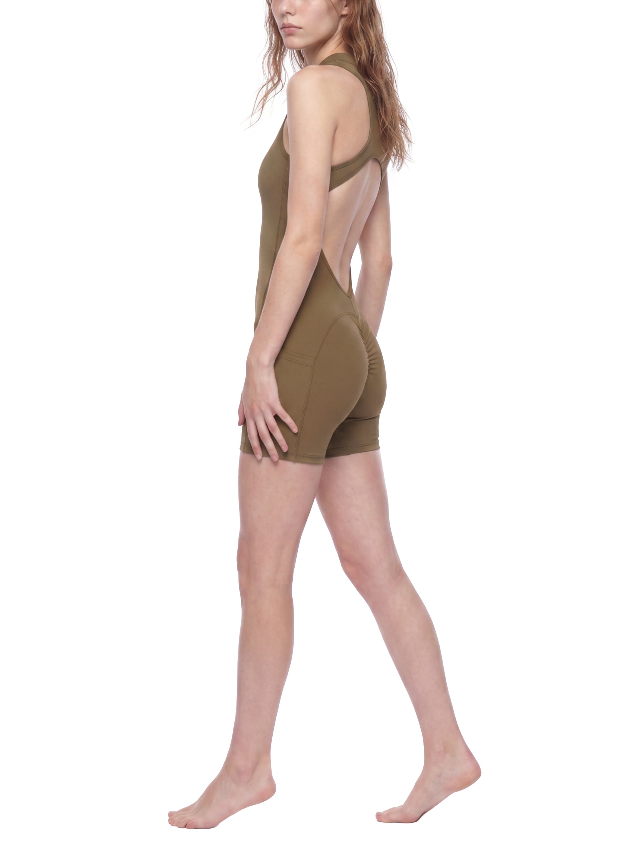 BLANKZ Quarter-Zip Yoga Romper — Coffee — angled side and back view