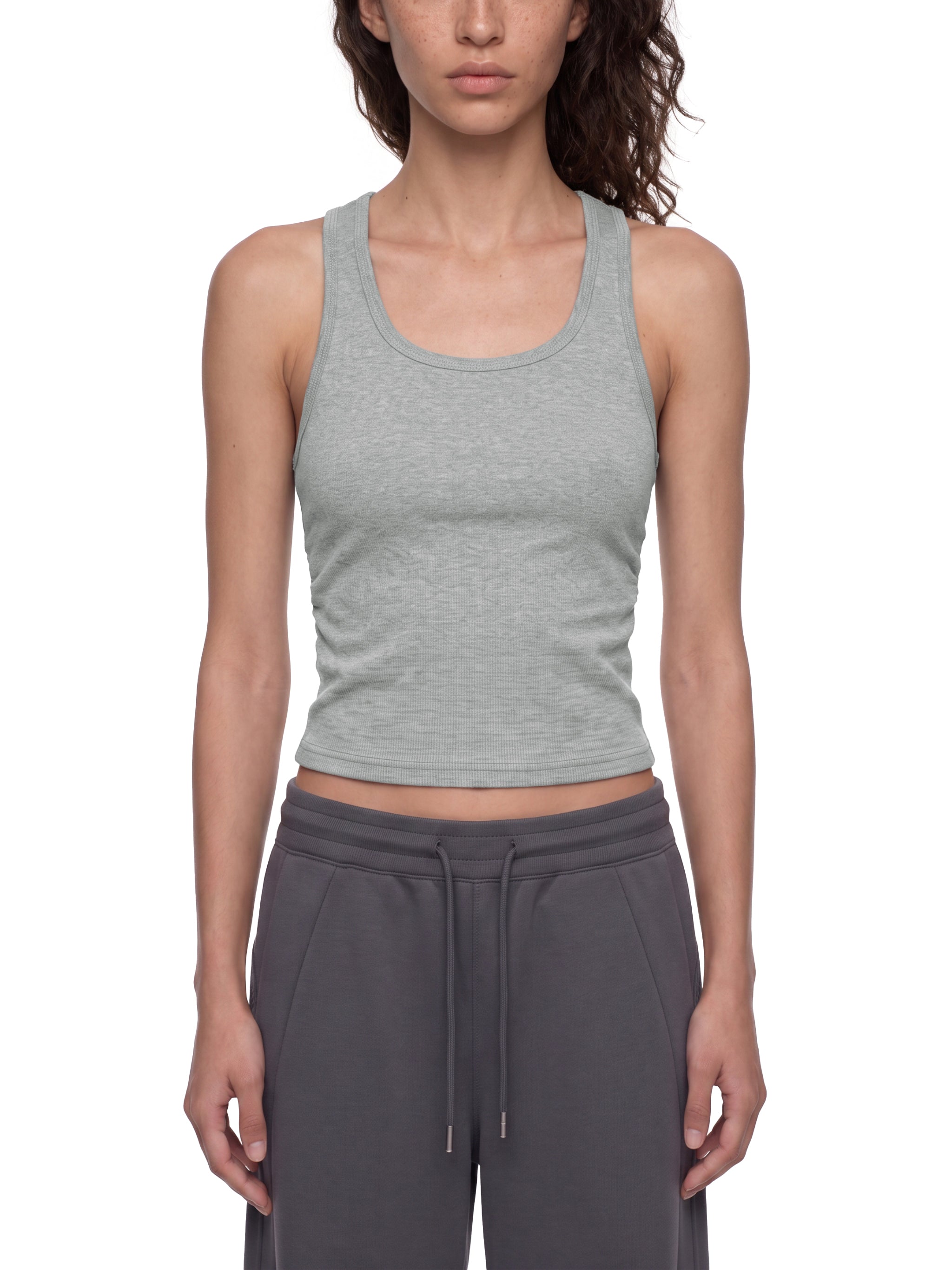 BLANKZ Ruched Tank Top — Flower Gray — worn front view