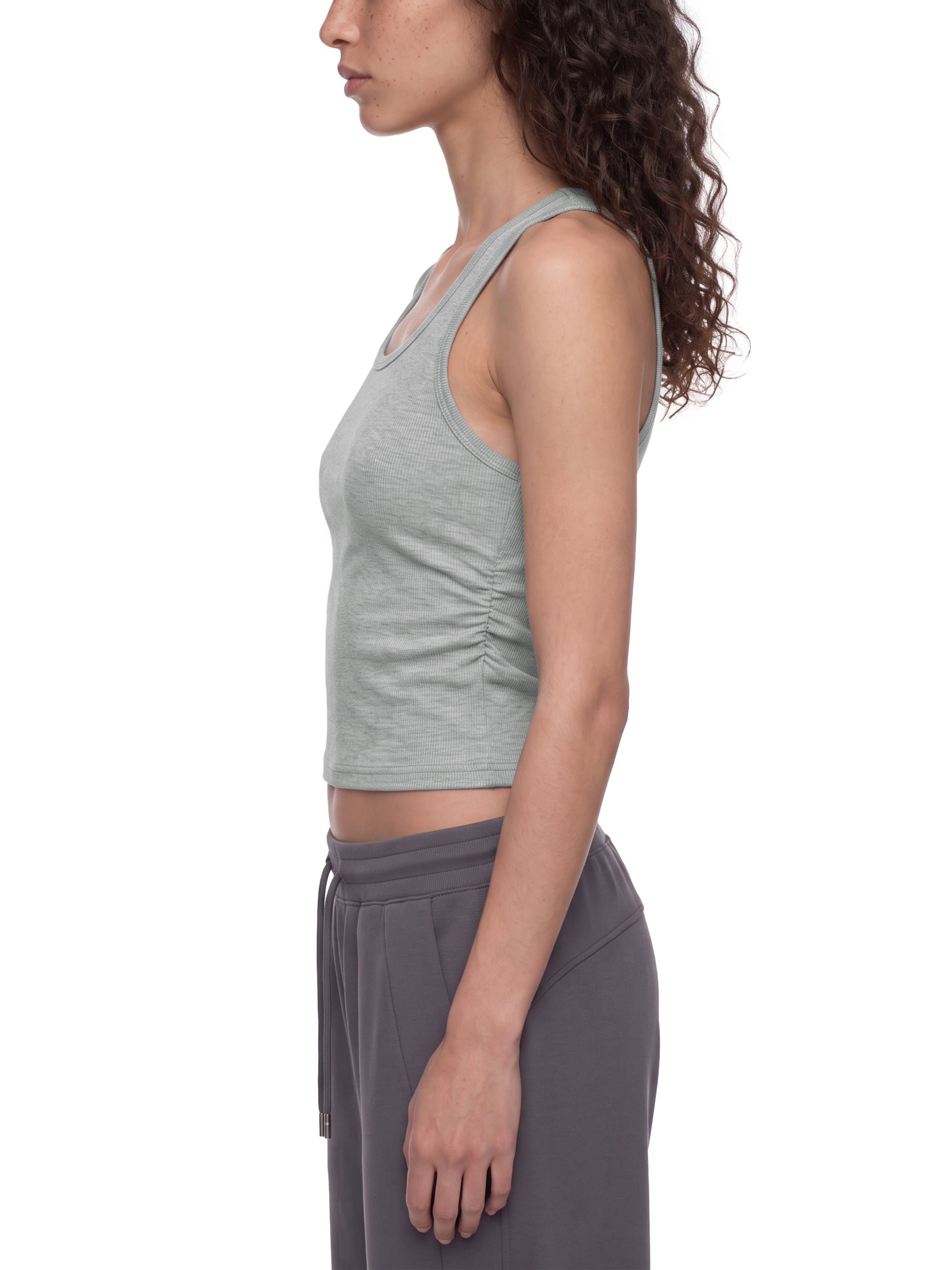 BLANKZ Ruched Tank Top — Flower Gray — worn side view