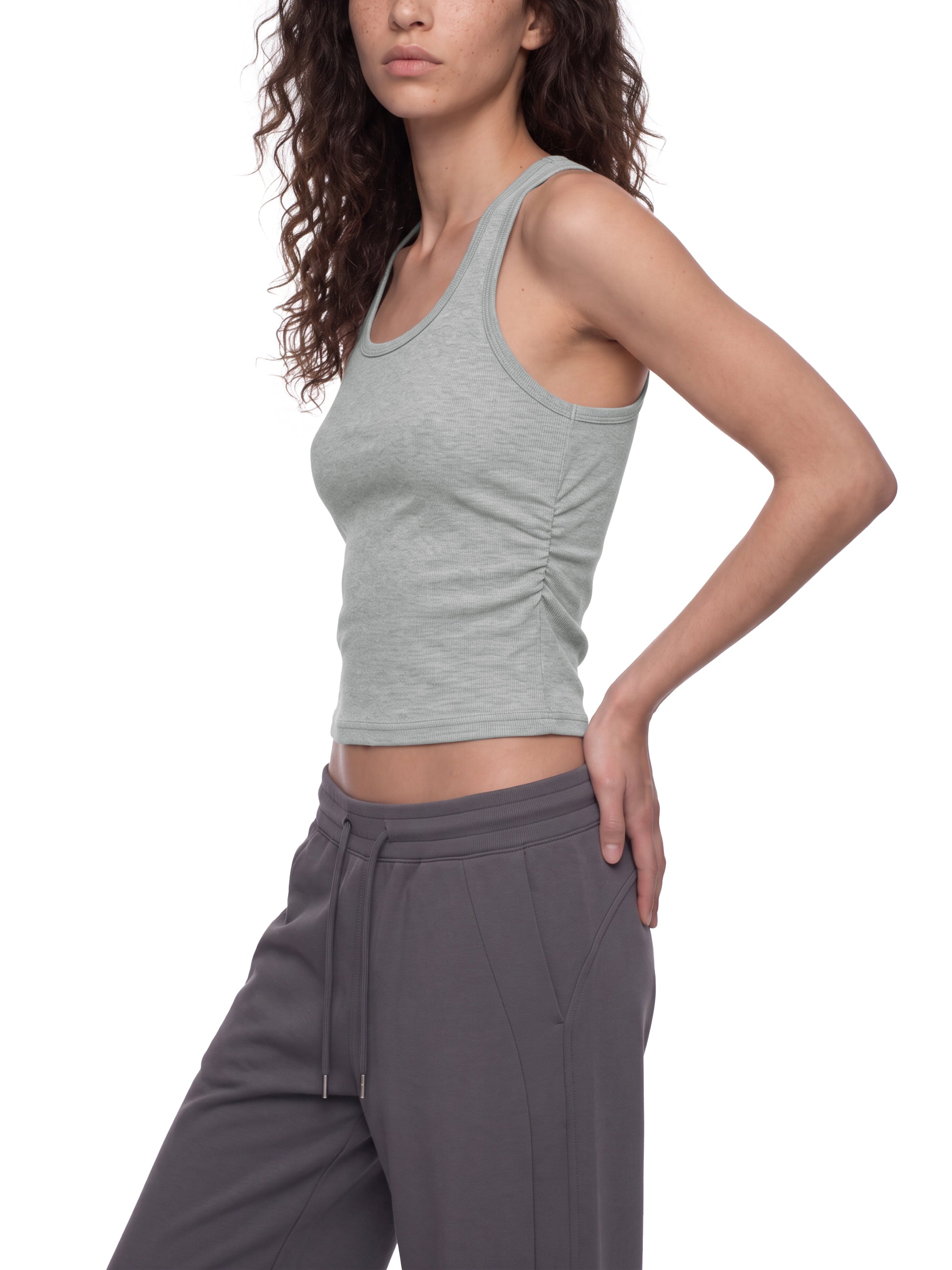 BLANKZ Ruched Tank Top — Flower Gray — angled front view