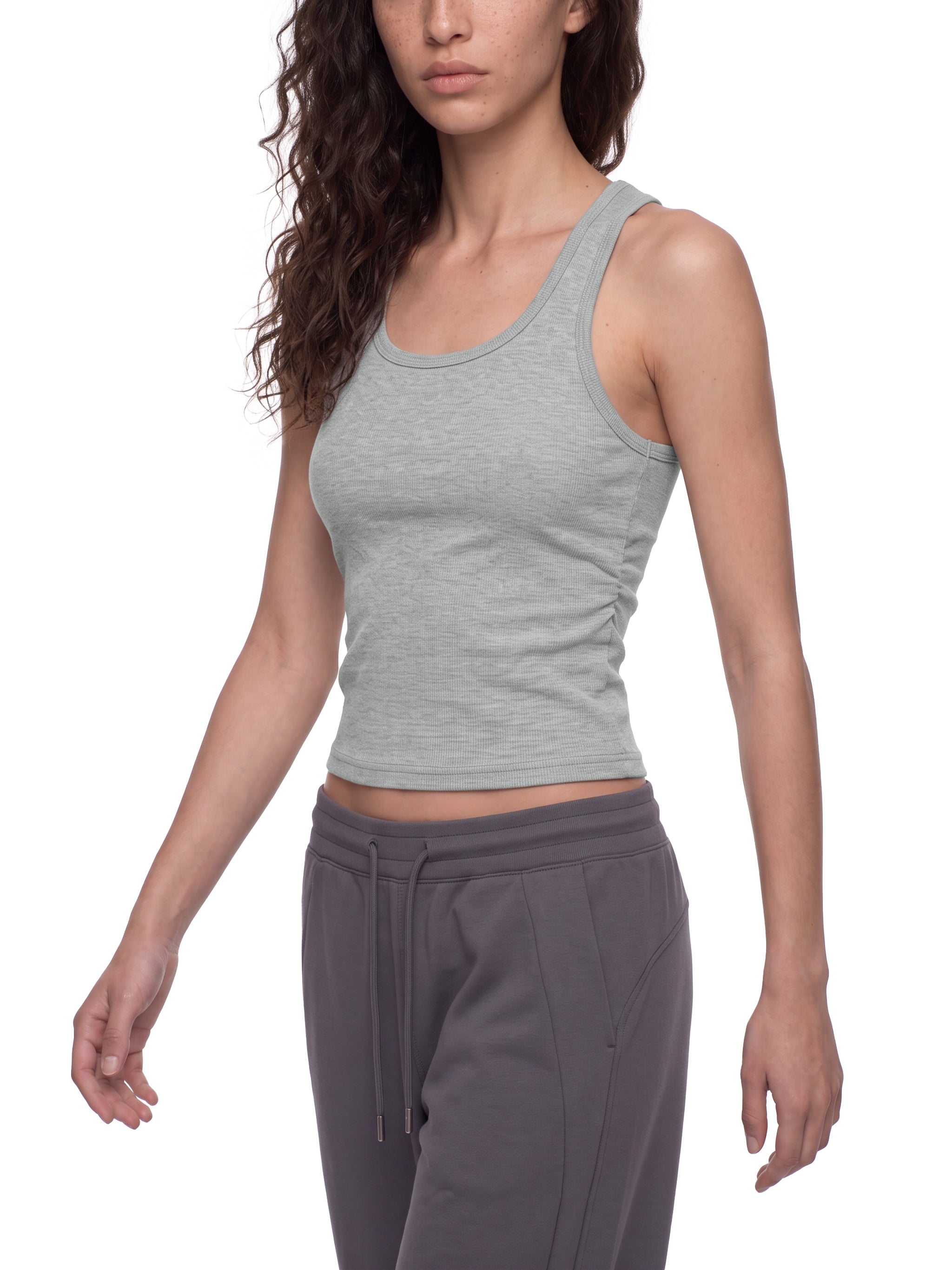 BLANKZ Ruched Tank Top — Flower Gray — walking front view