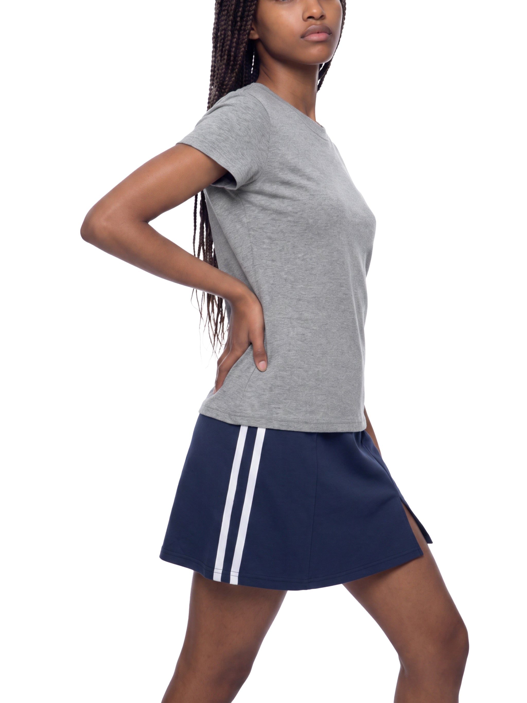 BLANKZ Slim Fit Crewneck Tee — Model wearing the garment, side view