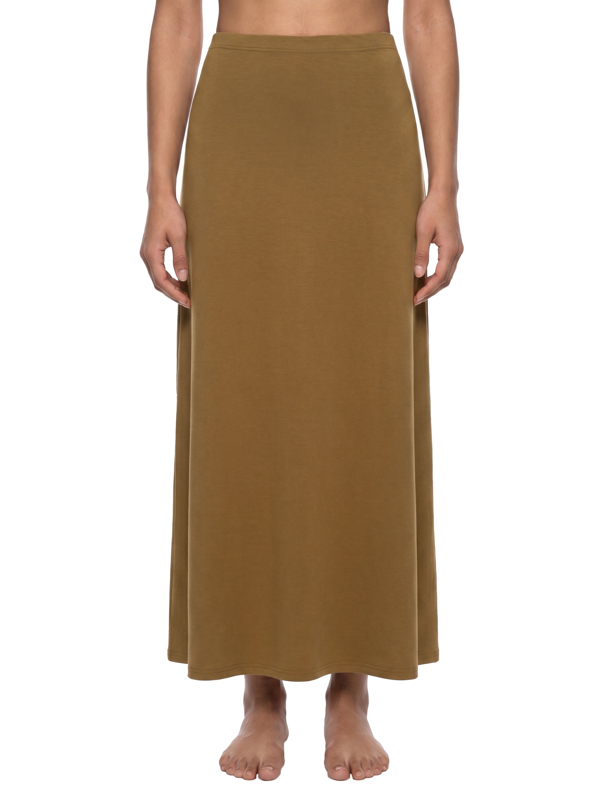 BLANKZ Solid Color Knit Maxi Skirt — Brown — worn front view
