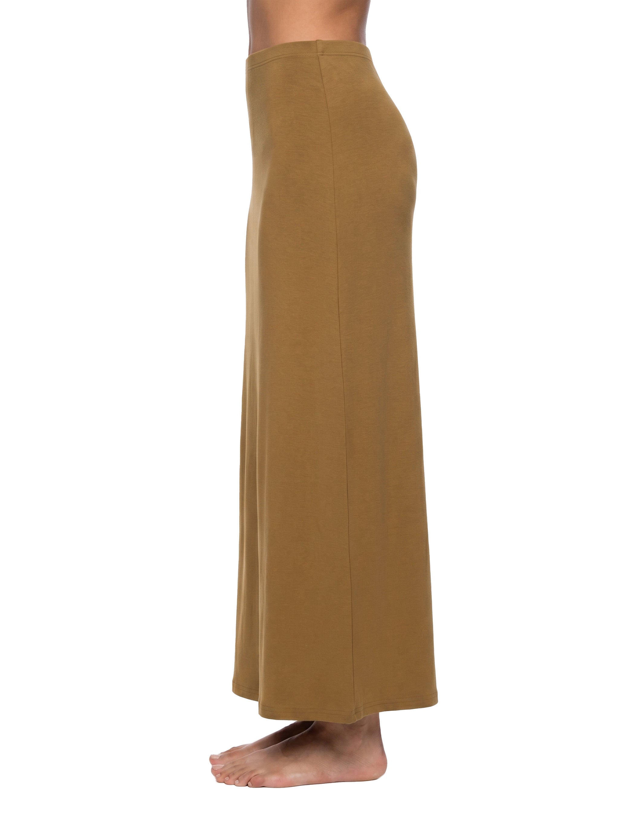 BLANKZ Solid Color Knit Maxi Skirt — Brown — worn side view