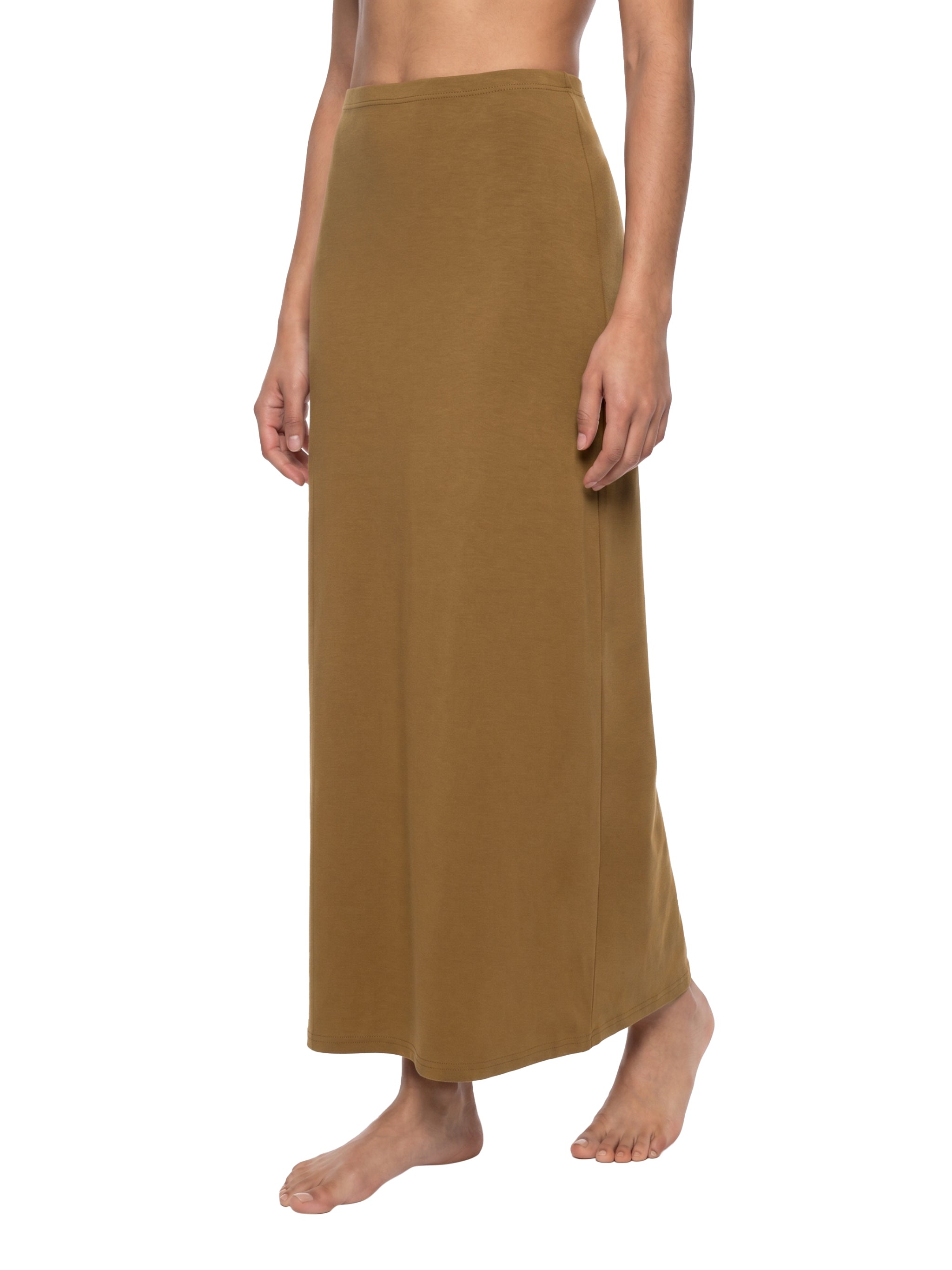 BLANKZ Solid Color Knit Maxi Skirt — Brown — angled front view