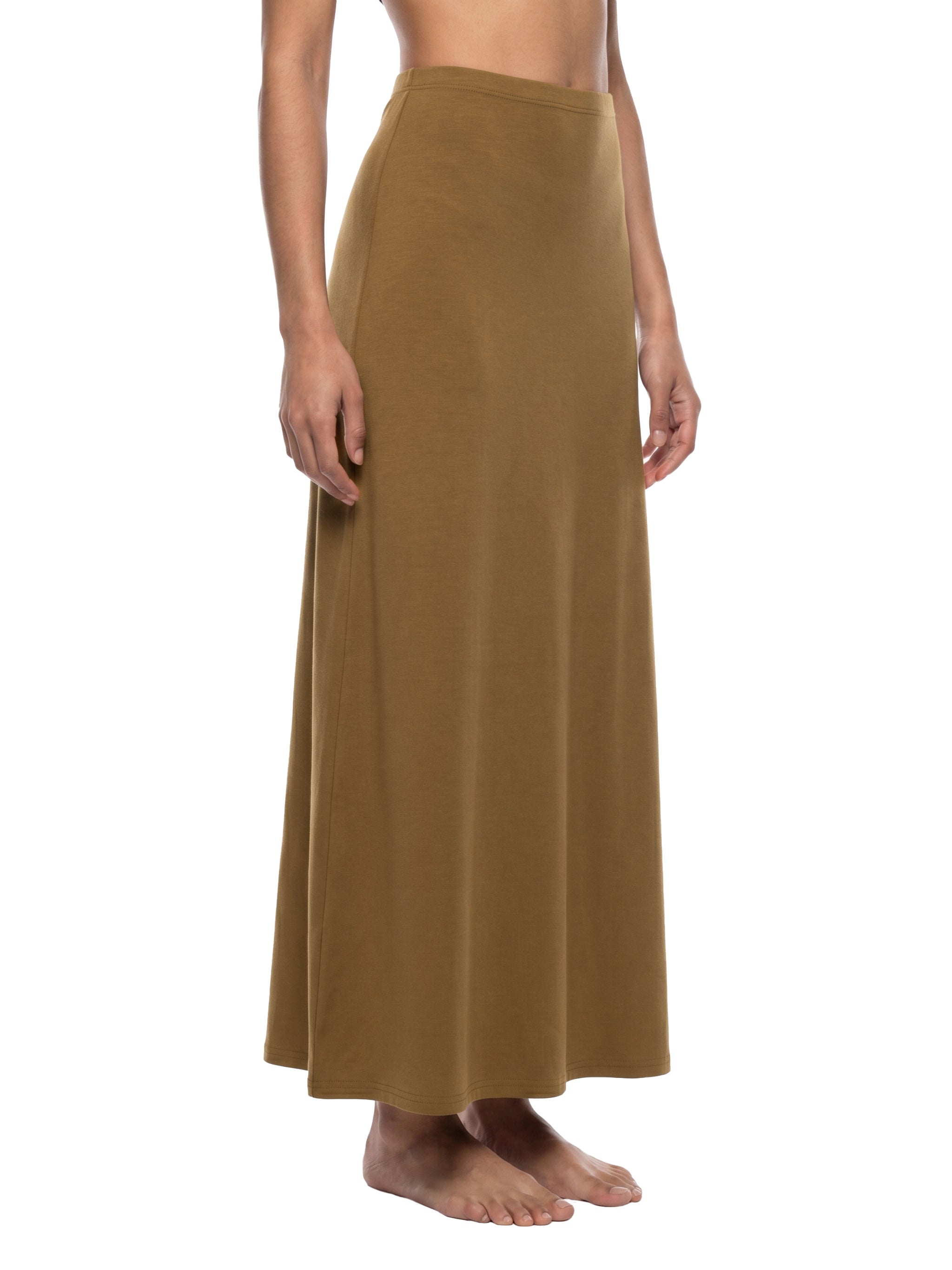 BLANKZ Solid Color Knit Maxi Skirt — Brown — side pose