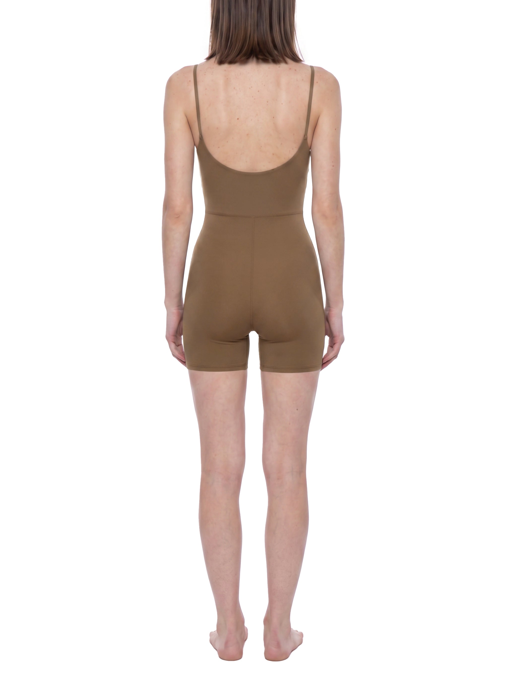 BLANKZ U-Neck Yoga Romper — Coffee, back view on model