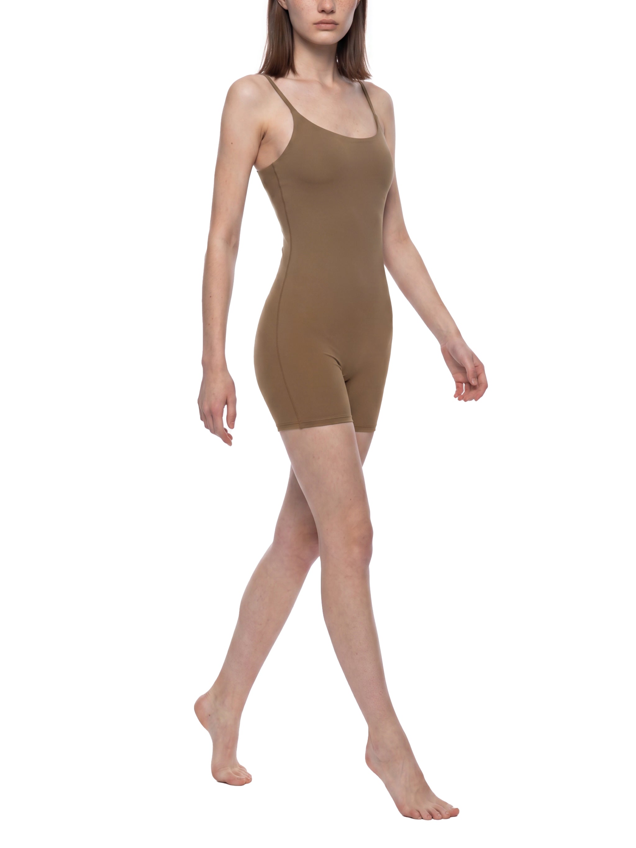BLANKZ U-Neck Yoga Romper — Coffee, walking view on model