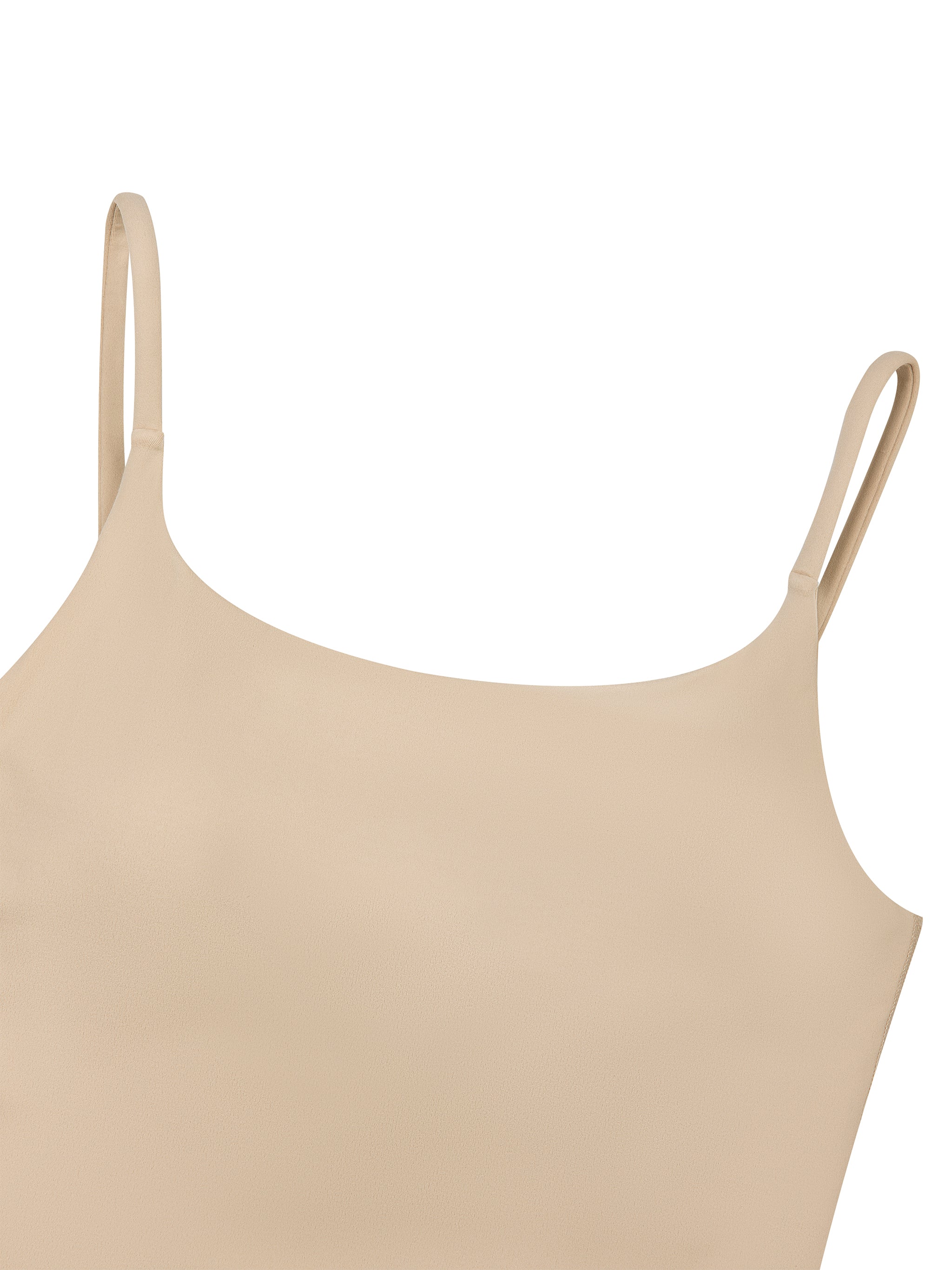 BLANKZ U-Neck Yoga Romper — Khaki, neckline and strap detail