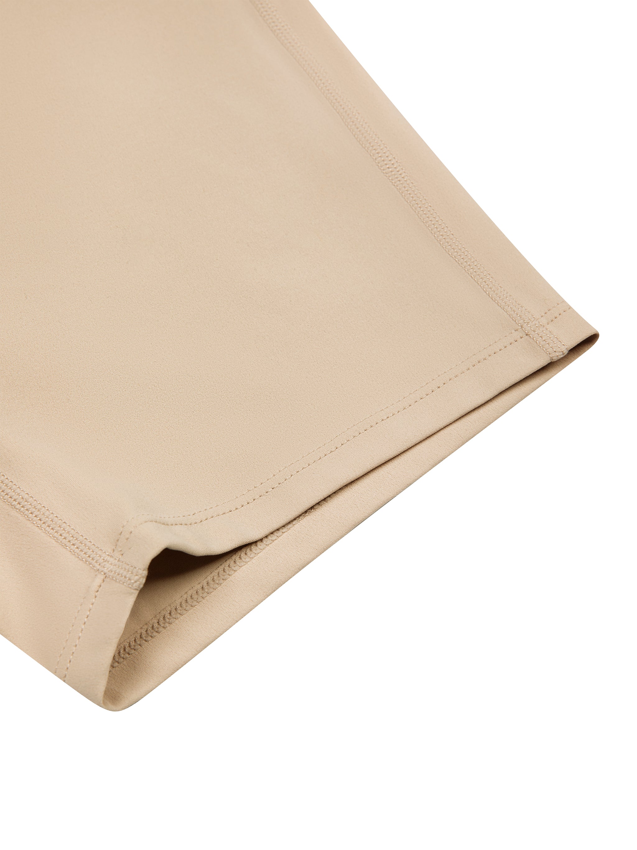 BLANKZ U-Neck Yoga Romper — Khaki, leg hem detail