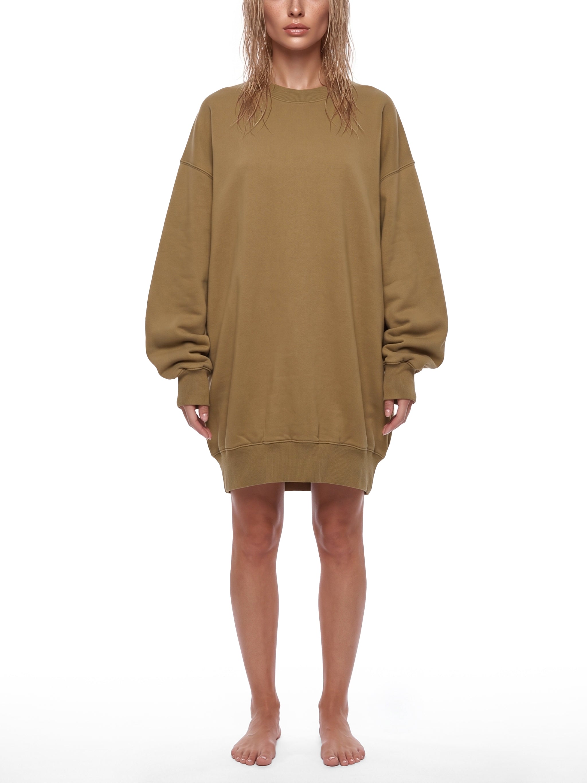 BLANKZ Vintage Wash Pullover Dress — Khaki — worn front view
