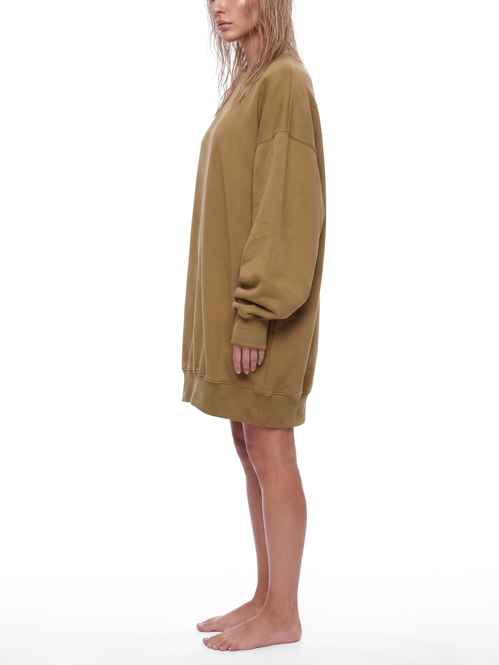 BLANKZ Vintage Wash Pullover Dress — Khaki — worn side view
