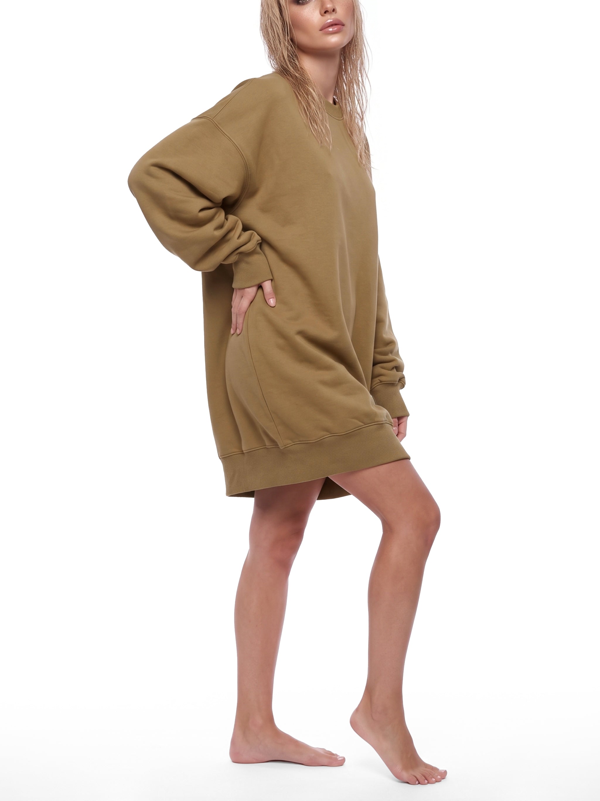 BLANKZ Vintage Wash Pullover Dress — Khaki — angled front pose