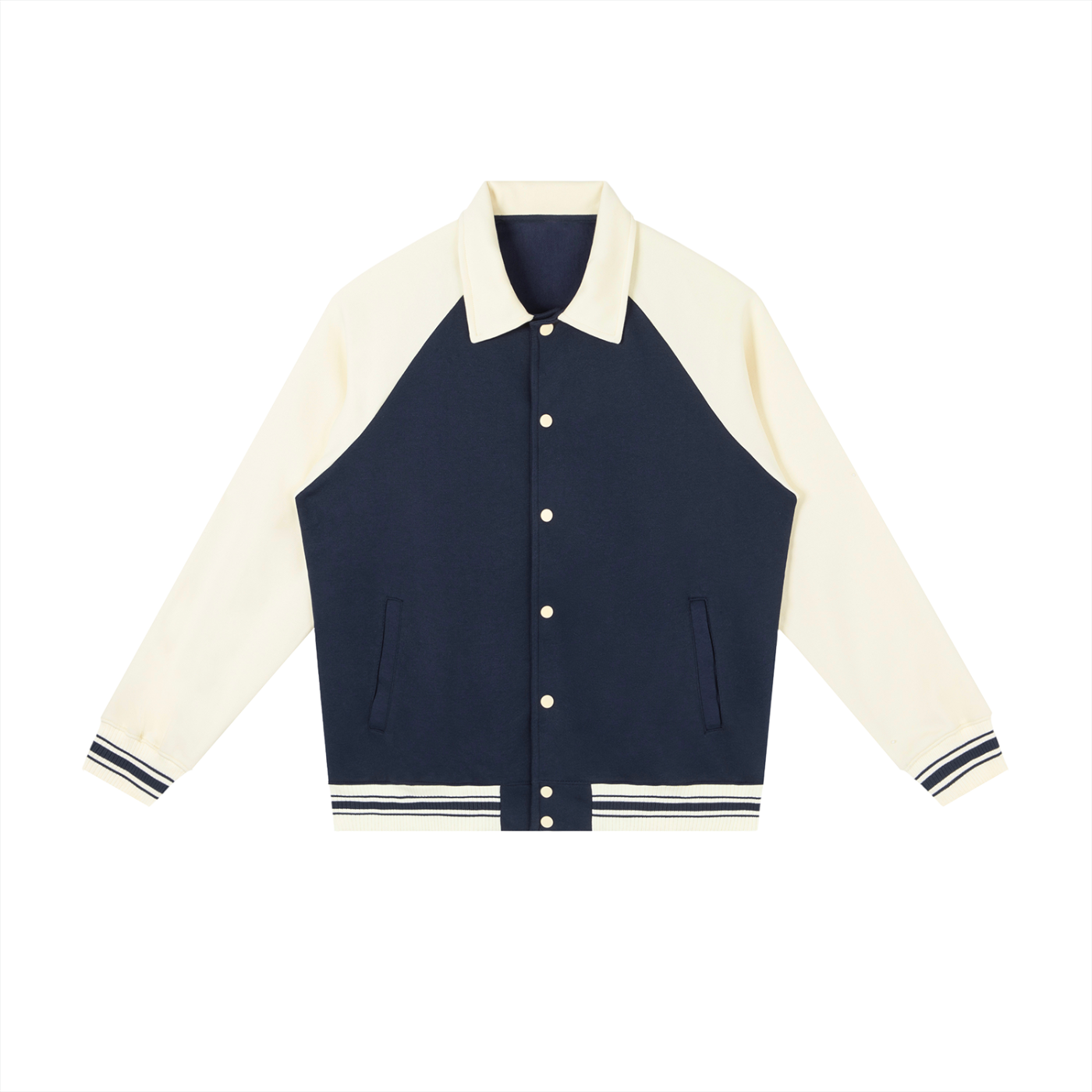 BLANKZ Contrast Raglan Sleeve Baseball Jacket — Navy Blue with Apricot — front view