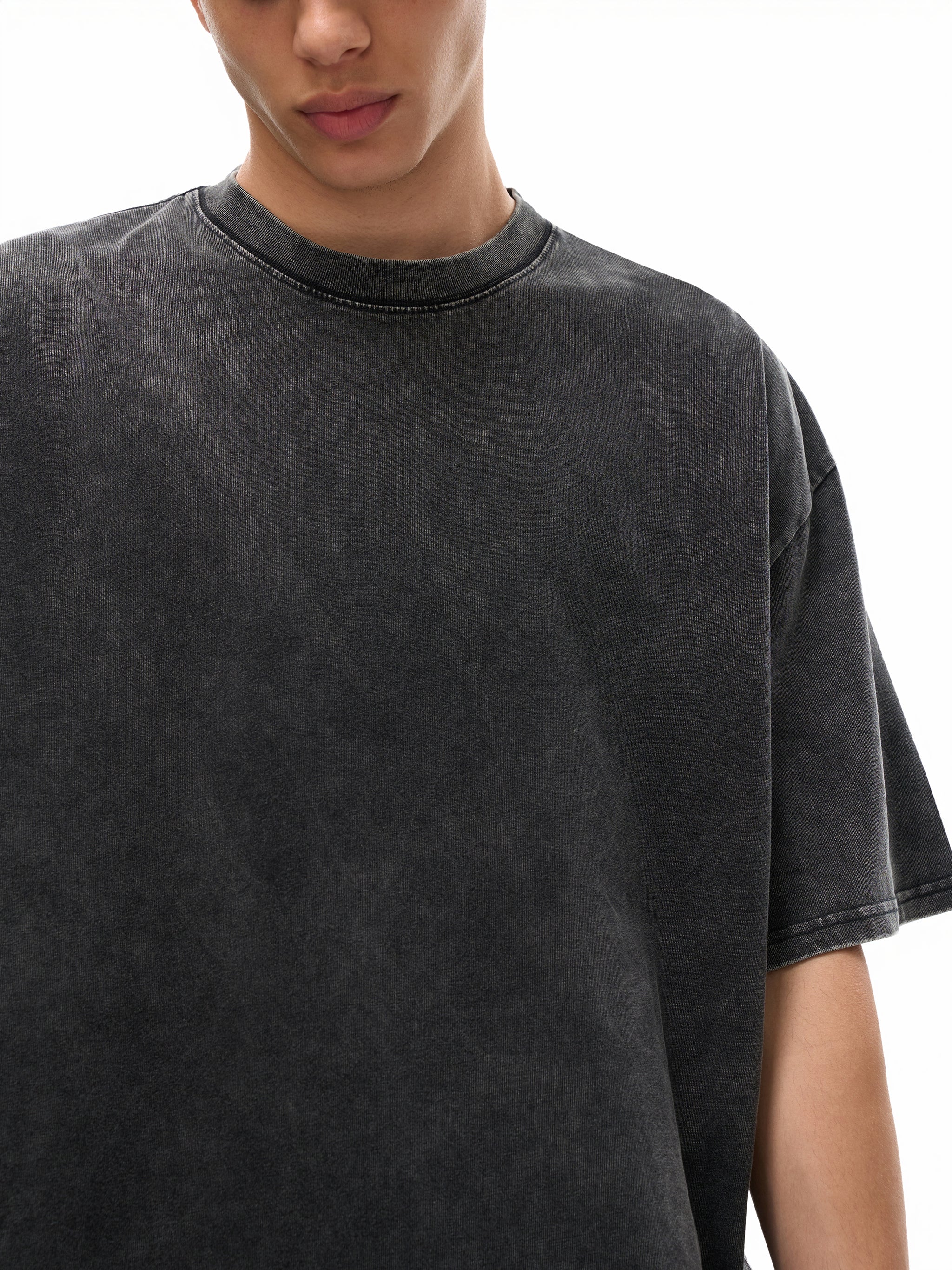 BLANKZ Snow Wash Cotton Tee — Model wearing the tee, front detail
