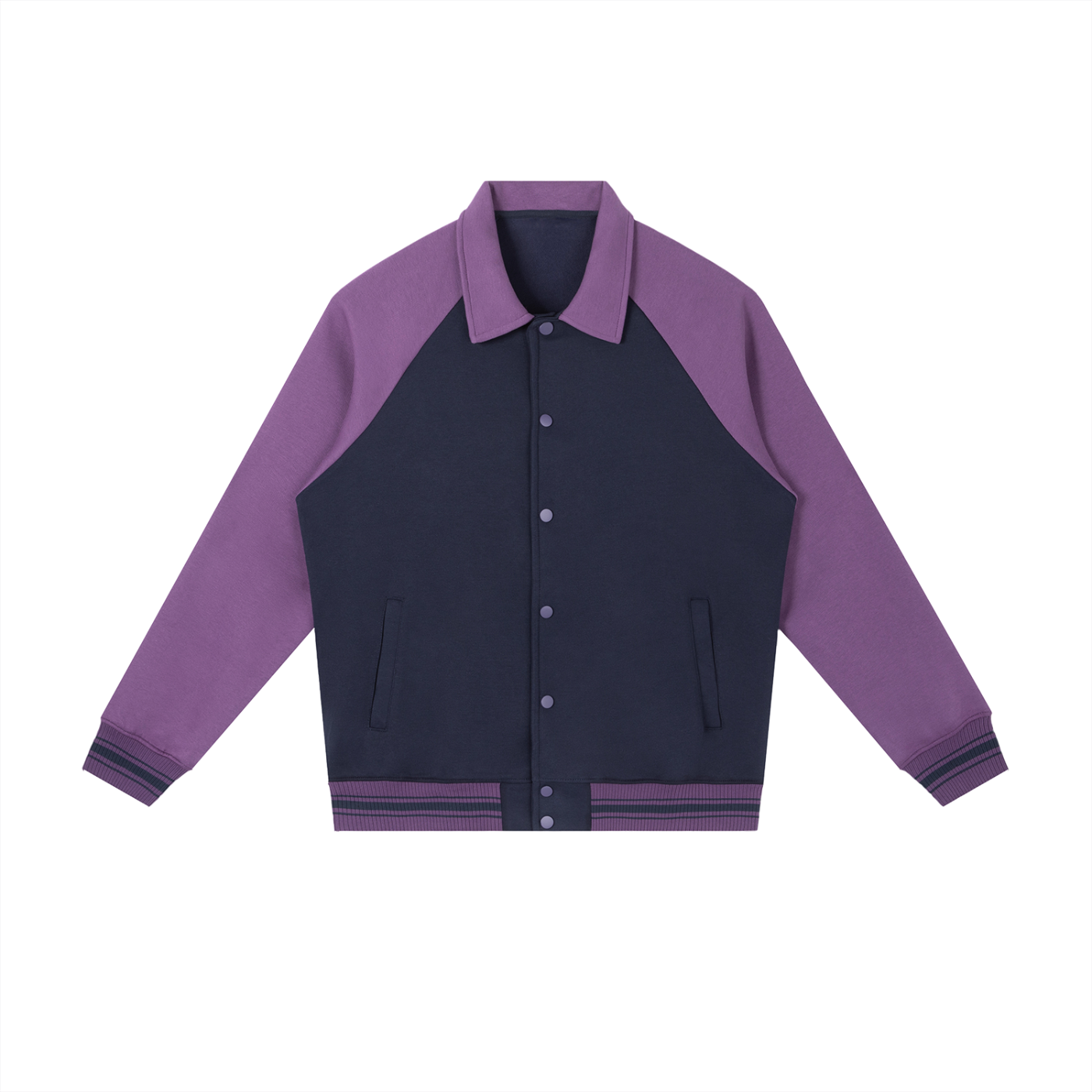 BLANKZ Contrast Raglan Sleeve Baseball Jacket — Navy Blue with Purple — front view