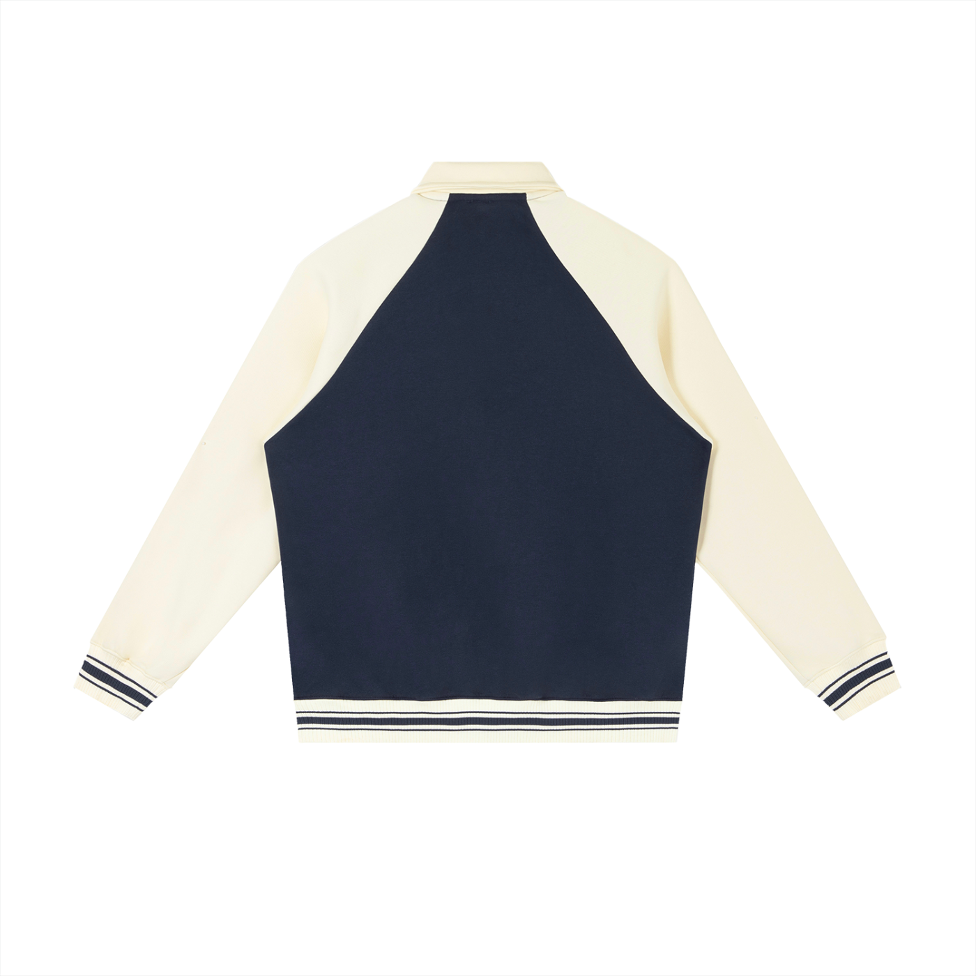 BLANKZ Contrast Raglan Sleeve Baseball Jacket — Navy Blue with Apricot — back view