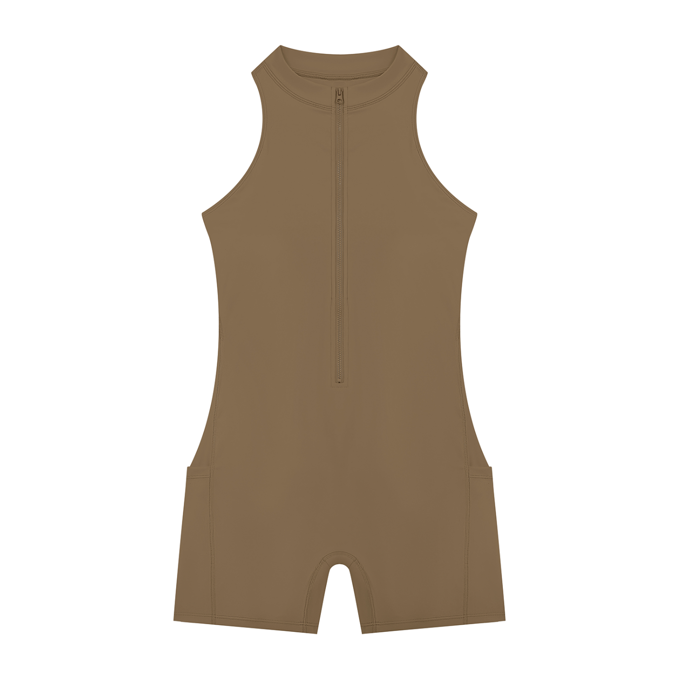 BLANKZ Quarter-Zip Yoga Romper — Coffee — front view