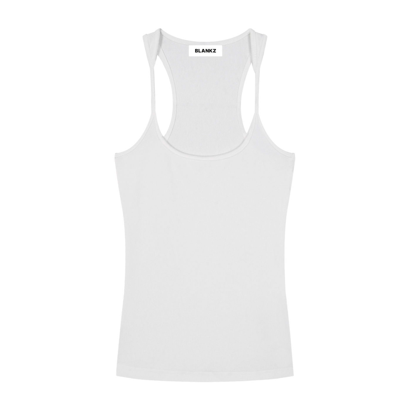 BLANKZ Slim Fit Ribbed Racerback Tank Top — White, front view